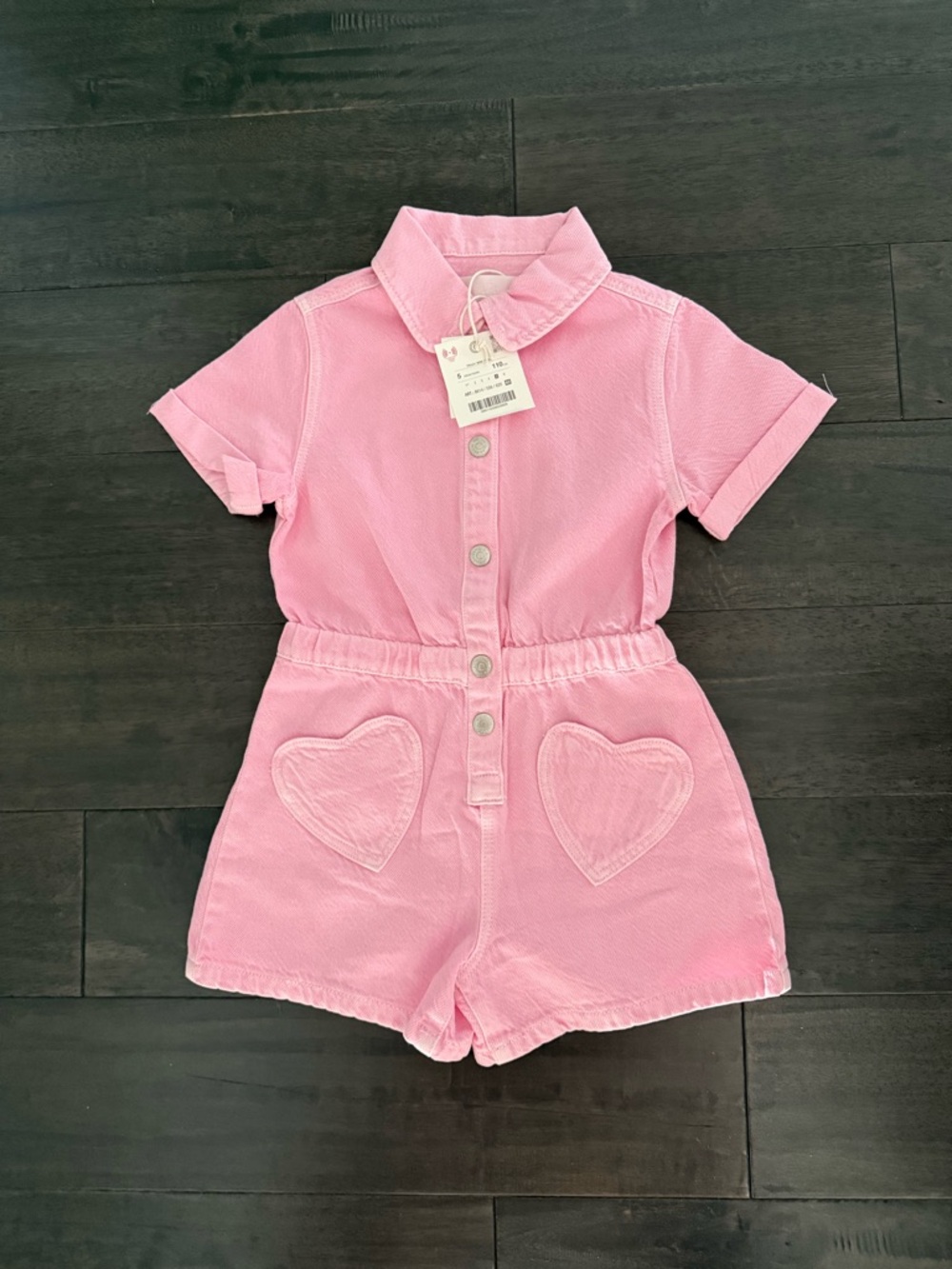 Zara Pink Short-Sleeve Heart Pocket Romper - Collared Button Front